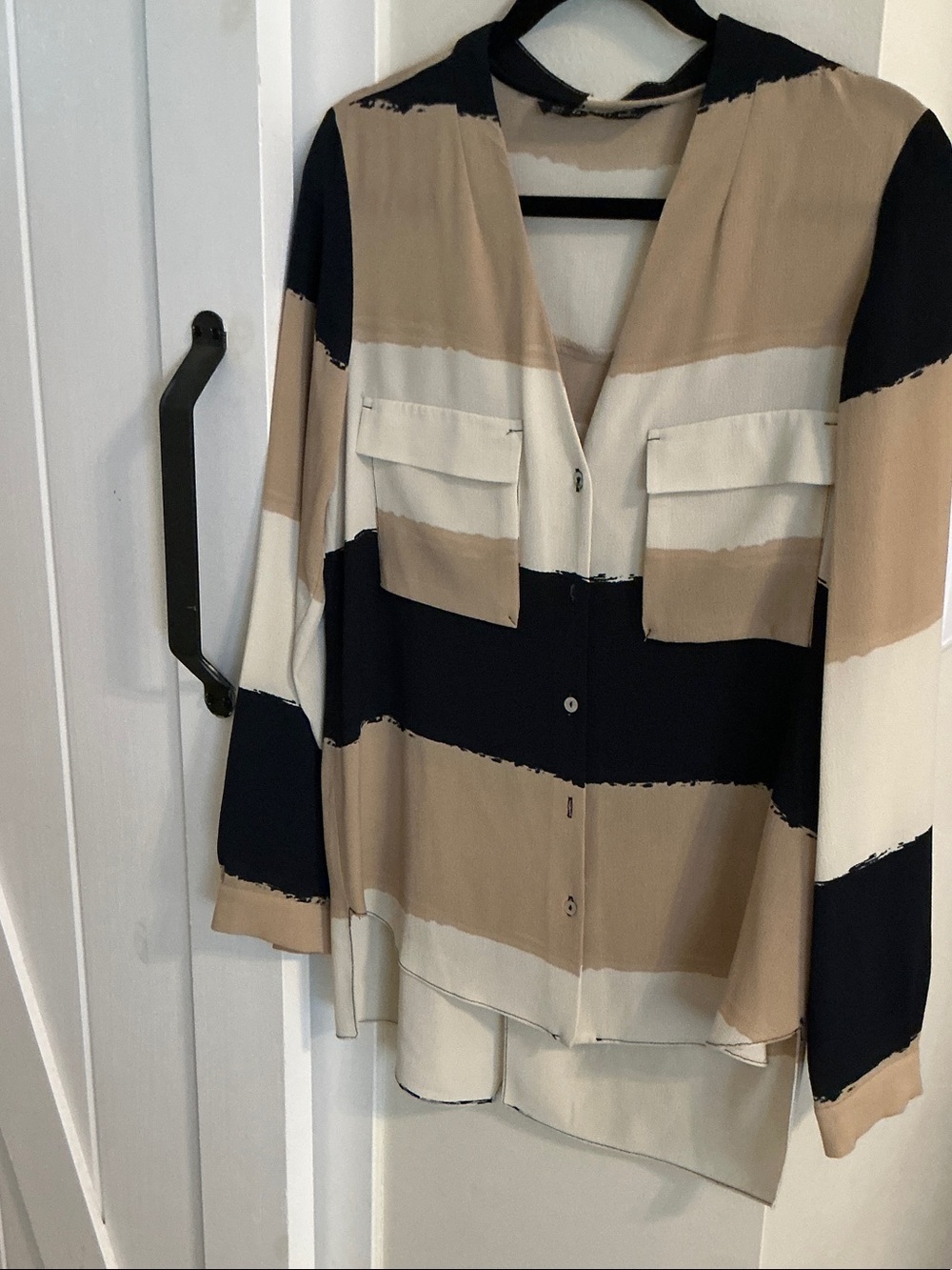 Zara Striped Long Sleeve Blouse in Beige, Black & Cream